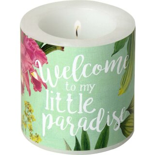 Windlicht Kerze " WELCOME TO PARADISE mint " IHR, H 7,5 cm, D 7,5 cm