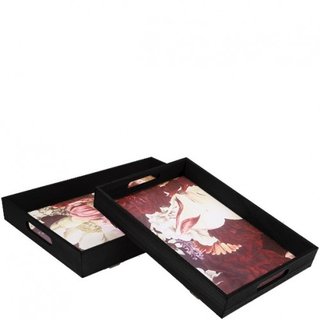 Holz Tablett "Jola", 2er-Set, L40/35cm, natur-bordo 1. L40cm, B30cm, H2cm 2. L35cm, B24cm, H1cm