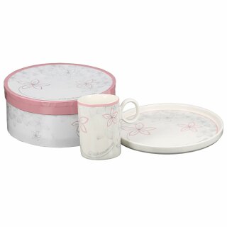 2 tlg. Geschenkset "Glücksmomente" Porzellan . weiß / rosa / grau bestehend aus Tasse (H. 10 / Ø 7 cm)und Teller (H. 1,8 / Ø 20,5 cm) Füllmenge Tasse (330 ccm) in dekorativer Geschenkbox GILDE
