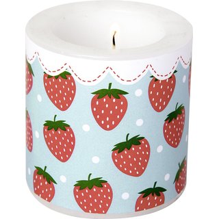 Windlicht Kerze " MY LITTLE STRAWBERRIES li.blue " IHR, H 7,5 cm, D 7,5 cm