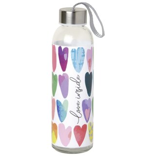 Glas to-go-Trinkflasche 500 ml  Ø 6,5 x H 22,5 cm IHR "RAINBOW HEARTS "