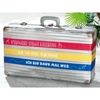 Textil Kofferband "Ich bin dann weg ",  blau weiße Schrift, PVC Einzelverpackung 182 x 5 cm GILDE