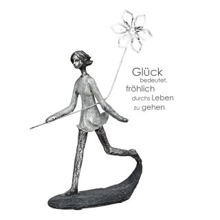 Skulptur"Glücksmomente"Poly/Metall Mädchen m.Blume,grau/silb,schwarze Basis 23 x 14,5 x 6,5 cm GILDE