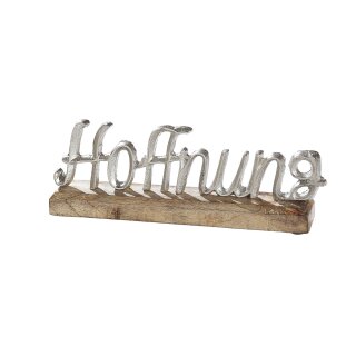 Aluminium Mini "Hoffnung" auf Base Mangoholz 28 x 9,5 x 5,5 cm GILDE