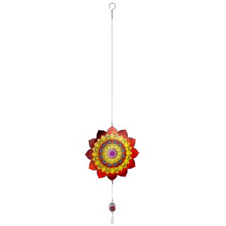 Edelstahl Windspiel "Mandala" bunt mit roter Glaskugel, am Draht, gelasert  90 x 25 cm GILDE