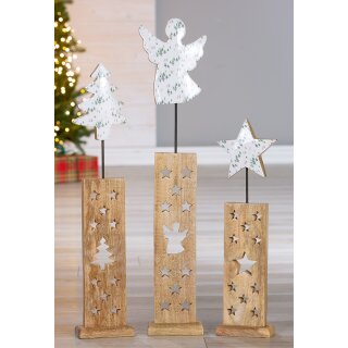 Holz Standrelief Engel/Baum/Stern "Winterkinder" sortiert Mangoholz, emailliert, grün/weiß, Wald Motiv  15 x 72 x 7 cm GILDE