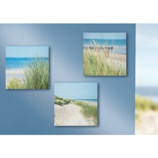 Bild, quadratisch, "Meerzeit", Küstenmotiv, Kiefernholz Leinwand, beige, blau, VE 3, 3fach sortiert, L. 2,7 cm, B. 30 cm, H. 30 cm GILDE