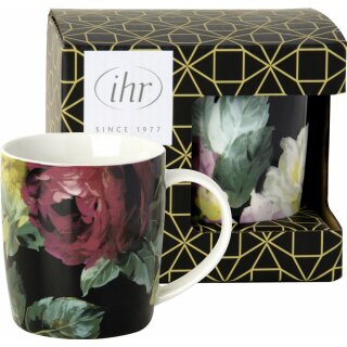 Porzellanbecher IHR " VINTAGE BIG ROSE black " Ø 8,5 x H 9 cm  in Geschenkkartonage