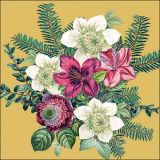 Serviette 33 x 33 cm  3 lagig, 20 Stück pro Packung " Azalea and helleborus gold FSC Mix  " AMBIENTE