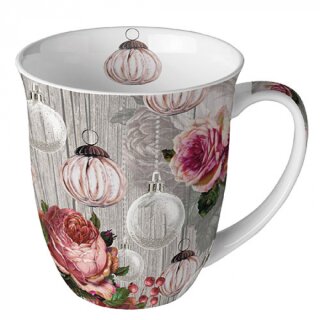 Becher - Mug - Tasse Tee / Kaffee Becher Bone China 0,4 L; 10,5 cm Hoch- Ø9,5cm   ( Roses and baubles  ) AMBIENTE