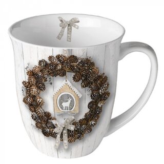 Becher - Mug - Tasse Tee / Kaffee Becher Bone China 0,4 L; 10,5 cm Hoch- Ø9,5cm   ( Pine cone wreath   ) AMBIENTE