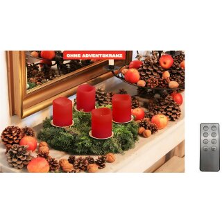 4er LED Adventskranzkerzen ROSSO inkl. Fernbed.4x Ø7,5x10 cm (rot / Echtwachs) inkl. 4 Kerzenhalter im Fotokarton