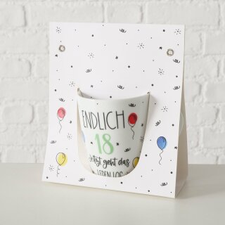 Becher Geburtstag, 330 ml, Sp&uuml;lmaschinengeeignet, Mehrfarbig, Motiv, Rundumdruck, Spruch/Text  Endlich 18 Jahre, Schwarz, Wei&szlig; #1