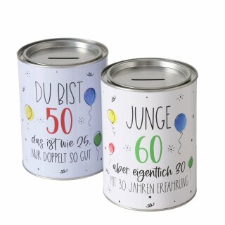 Spardose Geburtstag 50 & 60, 2 sort., Rund, H 14,00 cm, D 10,00 cm, Eisen