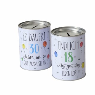 Spardose Geburtstag 18 & 30, 2 sort., Rund, H 14,00 cm, D 10,00 cm, Eisen