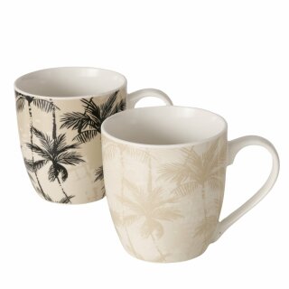 Jumbobecher Palma, 2 sort., 400 ml, Sp&uuml;lmaschinengeeignet, Einfarbig, Mehrfarbig, Motiv, Rundumdruck, Beige, Schwarz