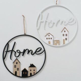 Dekoanhänger Rumba Home, 2 sort., Rund, Haus, D 38,00 cm, Hängevorrichtung, MDF, Eisen, Jute