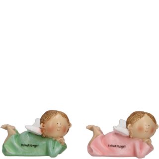 Poly Engel "Adrik" liegend, 2 Farben, L14cm, H8,5cm, rosa/grün Schutzengel